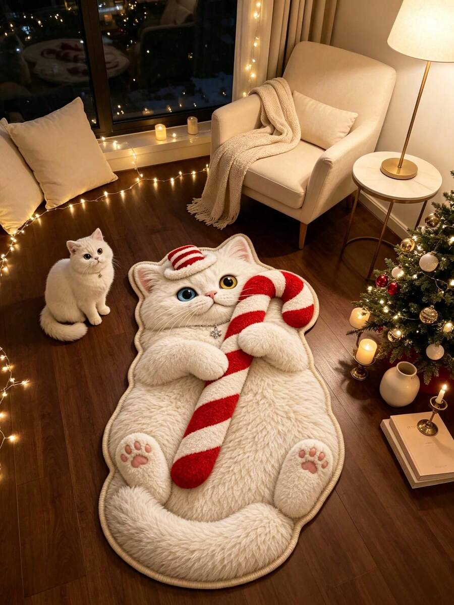 Carpets - Weiße Katze liegt mit einem Weihnachtsstock da - Übersicht 1
