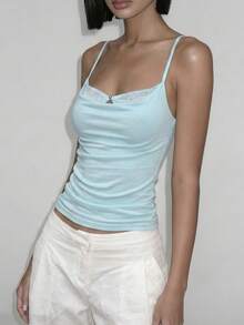 Top Dazzle Chic Women's Turquoise Knitted Short Sleeve V-Neck Top, Regular Hem And Ruffle Neck Details, Medium Stretch For A Stunning Fit - Blue - View 3