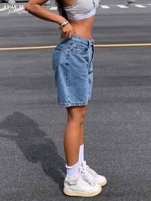 Women's Casual Loose Bermuda Denim Shorts With Pockets Summer, Aesthetic - Medium Wash - View 7