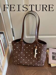 Large Capacity Polka Dot Print Shoulder Bag, Fashion Tote Bag With Pendant, Suitable For Daily Outings, Dates, Commuting - Coffee - View 3