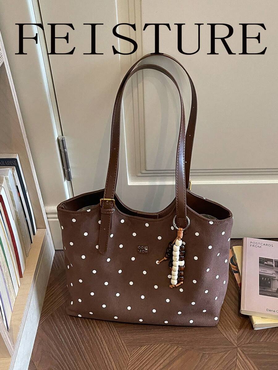 Large Capacity Polka Dot Print Shoulder Bag, Fashion Tote Bag With Pendant, Suitable For Daily Outings, Dates, Commuting