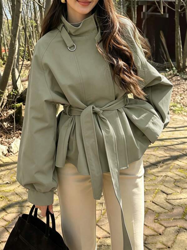Autumn/Winter Grey-Green Stand Collar Waist-Cinching Tie-Front Mid-Length Jacket Casual Urban Commute Office Women's Wear