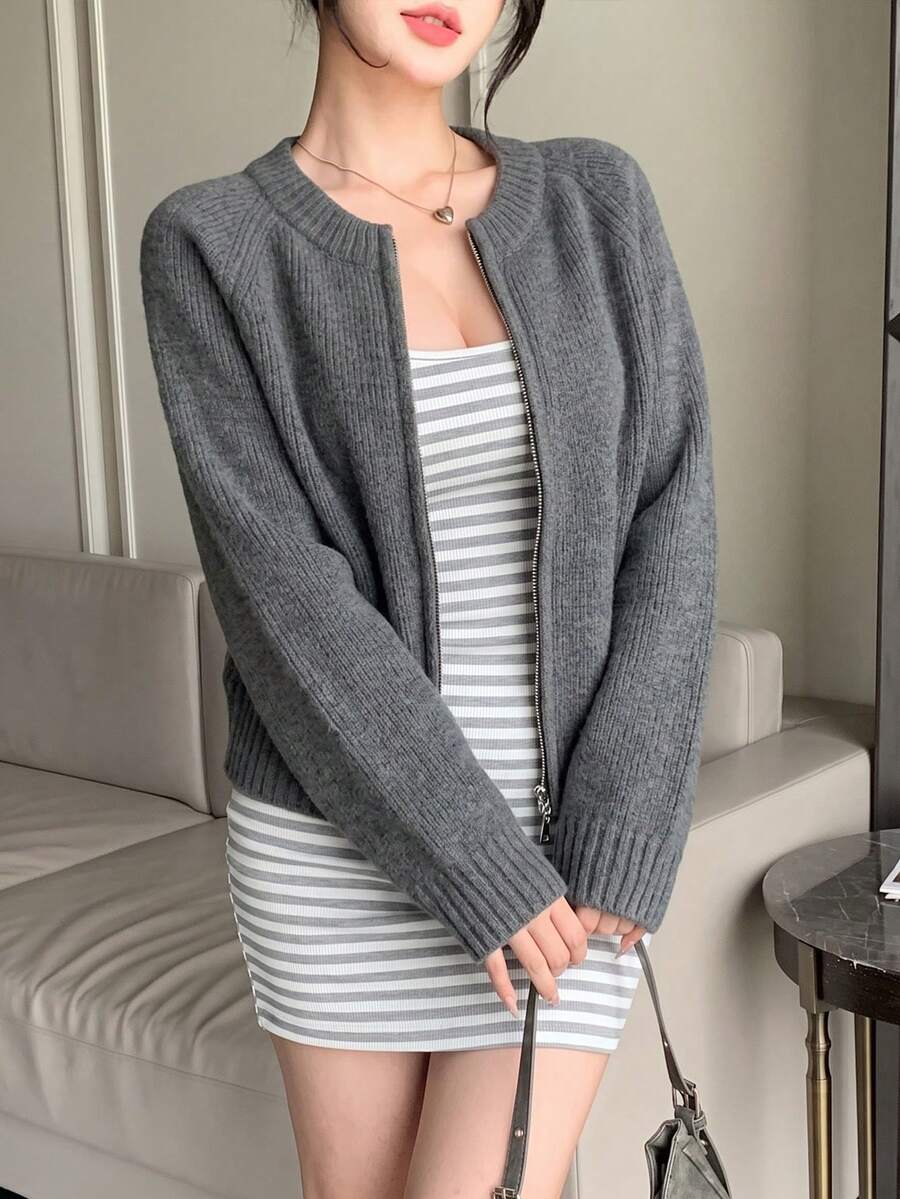 女款保暖可反穿拉鍊開襟針織外套,秋冬返校季休閒秋季款 - 深灰色 - 查看 1