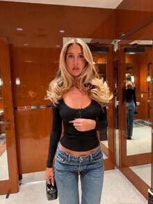 Women's Fashion Elegant Sexy Style Black Ribbed Lace Trim Square Neck Henley Button Slim Fit Short Sleeve T-Shirt, Flattering Waist-Cinching Casual - Black - View 5