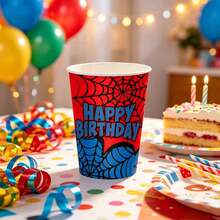 10pcs/20pcs/50pcs Halloween Spider Birthday Party Paper Cups, 9 Oz Disposable Cups Featuring A Red And Blue Spiderweb Pattern; Suitable For Halloween, Birthday Parties, And Day Of The Dead Celebrations. - Multicolor - View 3