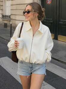 Women's Short Jacket, Long Sleeve Cropped Bomber Jacket, Black, Spring Outerwear - Beige - View 1