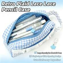 Korean Lace Plaid Polka Dot Pencil Case, Ins Aesthetic Large Capacity Stationery Storage Bag, Cute Portable Pen Pouch, School Supplies For Teen Girls Students - A - View 4