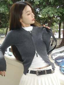Cardigan Lengan Panjang Longgar Leher Bulat Ritsleting Ganda Gaya Korea Terbaru Musim Gugur, Atasan Serbaguna untuk Wanita - Dark Grey - View 2