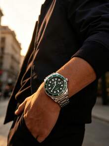 1pc Green Submariner Style Hollow Mechanical Watch For Men, Stainless Steel Luminous Date Waterproof Casual Watch, Suitable For Daily Decoration - Black - View 11