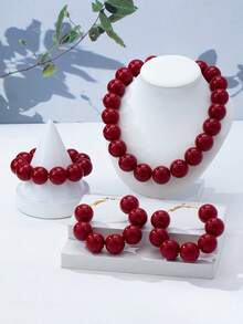 4pcs Bohemian Vintage Elegant Women's Beaded Necklace, Bracelet, Earrings Set, Suitable For Beach, Vacation, Party, Banquet, Daily Wear - Red - View 3
