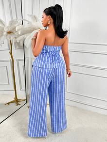 AIJ Amarilo Autumn Plus Size Casual Women's Blue Striped Bandeau Front Button Top And Wide Leg Pants 2 Pieces Set, Suitable For Party, Daily, Commute, Holiday Wear - Light Blue - View 2