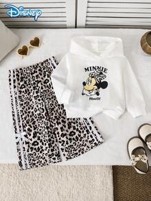 Disney 2 pièces/Ensemble sweat-shirt à capuche à manches longues avec motif Minnie Mouse & Pantalon à jambes larges avec imprimé léopard et décoration de nœud à la taille élastique pour bébé fille automne printemps - Blanc - Voir 1