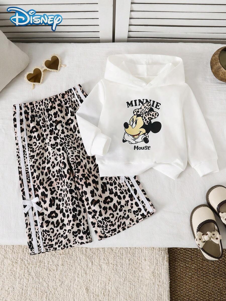 Disney 2 pièces/Ensemble sweat-shirt à capuche à manches longues avec motif Minnie Mouse & Pantalon à jambes larges avec imprimé léopard et décoration de nœud à la taille élastique pour bébé fille automne printemps - Blanc - Voir 1