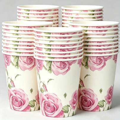 Floral Paper Cups With Rose Watercolor Print, Disposable Party Drinkware For Hot & Cold Beverages, Perfect For Weddings, Bridal Showers, Tea Parties, Adult Birthday Celebrations, Garden Gatherings & Snack Serving