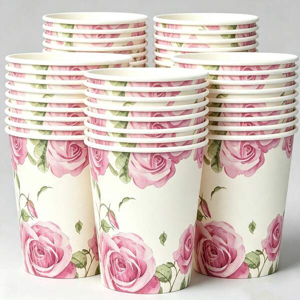 Floral Paper Cups With Rose Watercolor Print, Disposable Party Drinkware For Hot & Cold Beverages, Perfect For Weddings, Bridal Showers, Tea Parties, Adult Birthday Celebrations, Garden Gatherings & Snack Serving