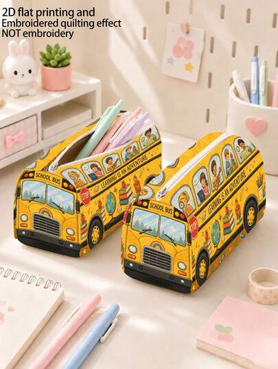 Campus Style "SCHOOL BUS" Pattern Pencil Case/Stationery Storage Bag - Multi-Functional Large Capacity Design, Suitable For Storing Office Supplies, Creative Multi-Purpose Pencil Case Or Portable Travel Makeup Bag, Ideal For Students And Adults Daily Use, Meets Stationery Storage, Daily Organization, Overnight Travel, Vacation And Gym Storage Needs, Back To School Dorm Essential (2D Pattern, Not Embroidered)