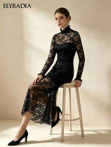 ELYRADIA Elegant Long Black Lace Dress For Fall Fashionable Stand Collar Long Sleeve Bodycon Gown For Work, Formal & Luxury Evening Parties - Black - View 5