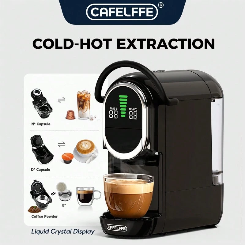 CAFELFFE 4-In-1 Capsule Coffee Machine | One-Touch Brewing | 20 BAR | Hot & Cold Brewing | Compatible With D*|N*|K* Capsules | ESE | Ground Coffee | Visible LCD Panel | 7-Level Water Adjustment | 600ml Removable Water Tank | - UK Plug(220-240V) - View 1