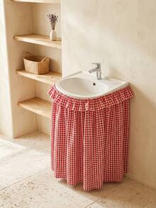 1pc Black And White Plaid Fabric Washable Material Round Basin Skirt With Ruched Hem And Pleated Details, Minimalist Fashion Style, Concealing Washbasin Storage And Decorative Function, Suitable For Bathroom Daily Arrangement And Modern Home Decor - Red - View 1
