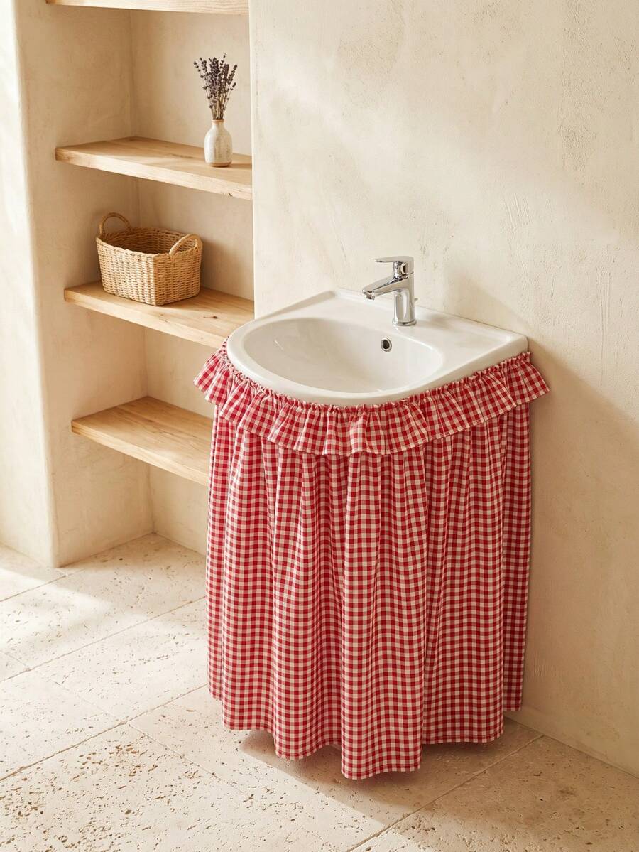 1pc Black And White Plaid Fabric Washable Material Round Basin Skirt With Ruched Hem And Pleated Details, Minimalist Fashion Style, Concealing Washbasin Storage And Decorative Function, Suitable For Bathroom Daily Arrangement And Modern Home Decor - Red - View 1