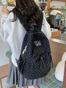 1PC Fashion Minimalist Polka Dot Drawstring Backpack, Letter Embroidery Accents, Soft Fabric Lightweight Shoulder-Friendly, Dual Side Drawstring Pocket Design, Ample Layered Storage Space, Korean Style Girly Vibe Classic Backpack, Versatile Practical Women's Bag For School, Travel, Commute - Multicolor - View 8