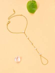 FAAABULS 1pc INS Rhinestone Finger Chain Bracelet For Women, Elegant Delicate Hot Girl Style Rhinestone Back Of Hand Chain Fashion Accessory - Gold - View 3
