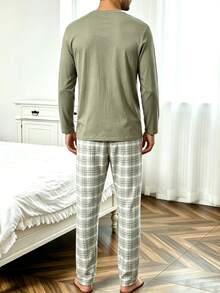 Men's 2 Pieces Pajama Set, Autumn/Winter Round Neck Simple Letter Print Top & Plaid Long Pants Loungewear - Multicolor - View 2