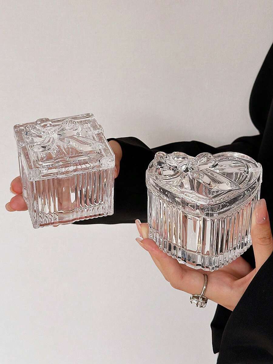 1 buah Kotak Perhiasan Kaca Berbentuk Hati dengan Hiasan Pita, Toples Perhiasan Transparan dengan Dekorasi Pita Timbul, Kotak Penyimpanan Kaca untuk Rumah, Ornamen Dekoratif
