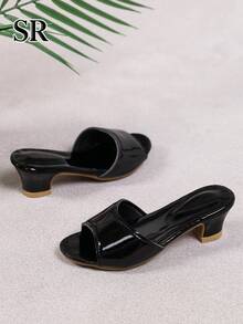 1 Pair Girls Black Glossy Open Toe High Heel Sandals, Fashion Classic Slippers, Daily & Party Princess High Heels - Black - View 5