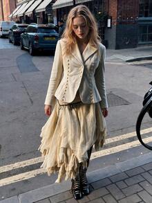 Women's Beige Woven Vintage Jacket, Lapel Collar, Long Sleeve, Gold Button Decor, Gender-Neutral Streetwear Outerwear For Autumn, Back To School Teacher's Day Regular Length Flight Jacket Style, Halloween And Christmas Jacket, Ribbed Fabric Non-Stretch - Champagne - View 6