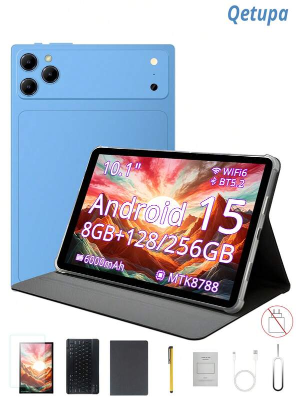 Qetupa Tableta Android 15 de 10.1 pulgadas, con funda, teclado y lápiz óptico, 8 GB de memoria RAM y 128 GB/256 GB de almacenamiento interno (compatible con expansión de 1 TB), pantalla táctil de 1280x800, cámara frontal de 5 MP y cámara trasera de 13 MP, batería de 6000 mAh (sin adaptador de corriente)