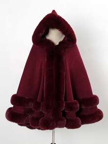 1PC Acrylic Knitted Fabric European And American Autumn And Winter New Faux Rabbit Fur Collar Hooded Hem Fringed Shawl Cape Extended Coat - Multicolor - View 16