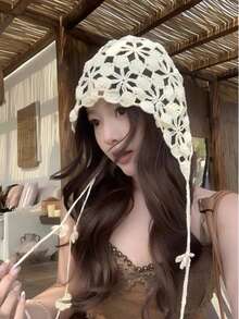 1pc Women's Spring/Summer Handmade Knitted Mesh Hollow Coin Flower Design Elegant Breathable Thin Knit Hat - A - View 4