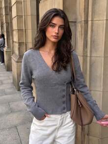 Fashionable Women's V-Neck Side Button Slim Fit Ribbed Sweater, Solid Gray Long Sleeve Knit Top Fall - Grey - View 3