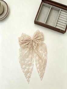 1pc Girls Pink Floral Lace Bow Hair Clip, Long Tulle Tassel Hair Accessory, Suitable For Daily And Party Hairstyles - Multicolor - View 10