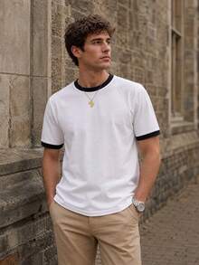 Men's Summer Retro Patchwork Solid Color T-Shirt, Street Style, Suitable For Daily Wear - White - View 1
