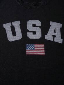 ANDREILEE Men's Knit Top Street Casual Loose Fit Versatile USA Flag Print Crew Neck Short Sleeve Pullover T-Shirt Spring Summer - Black - View 9