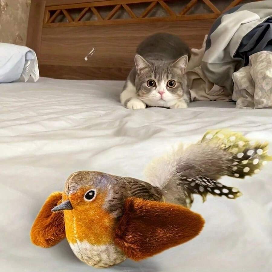 Realistic Cat Toy With Squeaking Sound, Plush Feather Cat Toy - Handmade Artificial Feather Cat Toy With Built-In Whistle And Touch Sensor, Battery-Free Smart Sensing Interactive Plush Bird Toy, Durable Feathers To Stimulate Hunting Instinct, Hanging Bird Toy Suitable For Solo Play And Hunting Fun, Suitable For All Breeds, Interactive Cat Toy, Pet Entertainment Design, Attract Pet Activity, Battery-Free