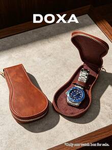 DOXA Travel Watch Protective Case, Metal Zipper, Unisex Mini Watch Storage Box, Suitable For Business Trips And Vacation Packing, Watch Not Included - Brown - View 3