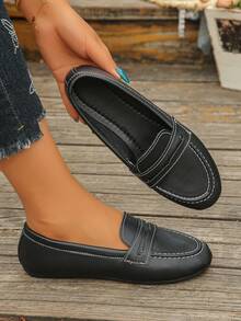 Women's Casual Round Toe Slip-On Loafers, Black Lychee Textured Flat Shoes, Soft Comfortable Easy-On Daily Commute Driving Moccasins - Black Lychee Pattern - View 6