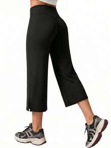 Women's High-Waisted Split Hem Cropped Wide Leg Yoga Pants, With Pockets, Tummy Control Butt Lifting Elastic Sports Pants, Suitable For Workout And Daily Wear - Black - View 3