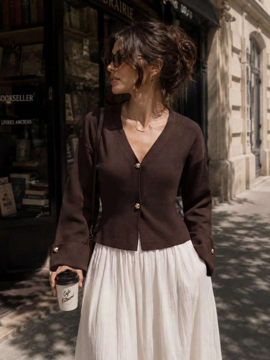 Women's Autumn/Winter New French Romantic Casual Versatile Minimalist Elegant Knit Cardigan Top - Brown - View 1