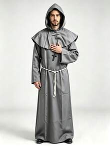 1 Set Men's Halloween Cosplay Medieval Cloak Monk Robe Wizard Priest Gown With Hood, Waist Rope & Necklace - Grey - View 6