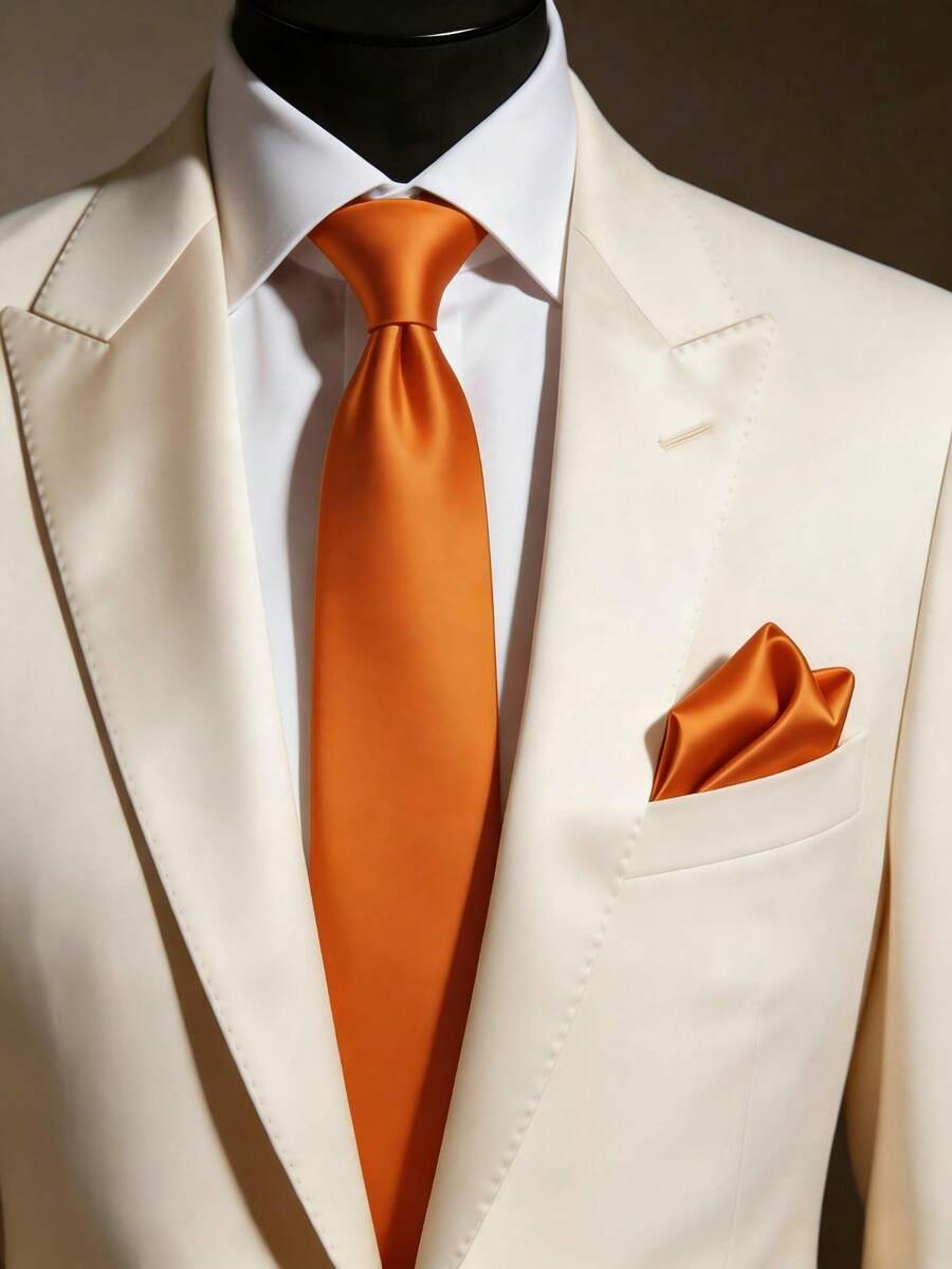 1 Set Dasi Satin Pria Warna Polos 8cm dan Sapu Tangan Saku, Set Dasi dan Sapu Tangan untuk Bisnis - Coral Orange - View 1