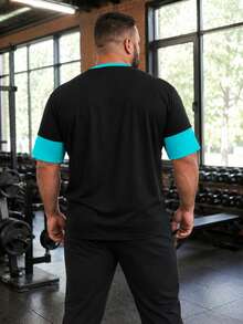 Plus Size Men's Sports Short Sleeve T-Shirt, Loose Fit Colorblock Patchwork, Fashionable Gym Sweat-Wicking Breathable - Black - View 2
