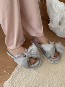 XIXITIAO Sandal Rumah Wanita Mewah dengan Pita Satin, Sandal Datar Lembut dan Nyaman untuk Dalam Ruangan - biru keabu-abuan - View 11