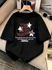American-Style Star And Letter Print T-Shirt For Women - Black - View 1