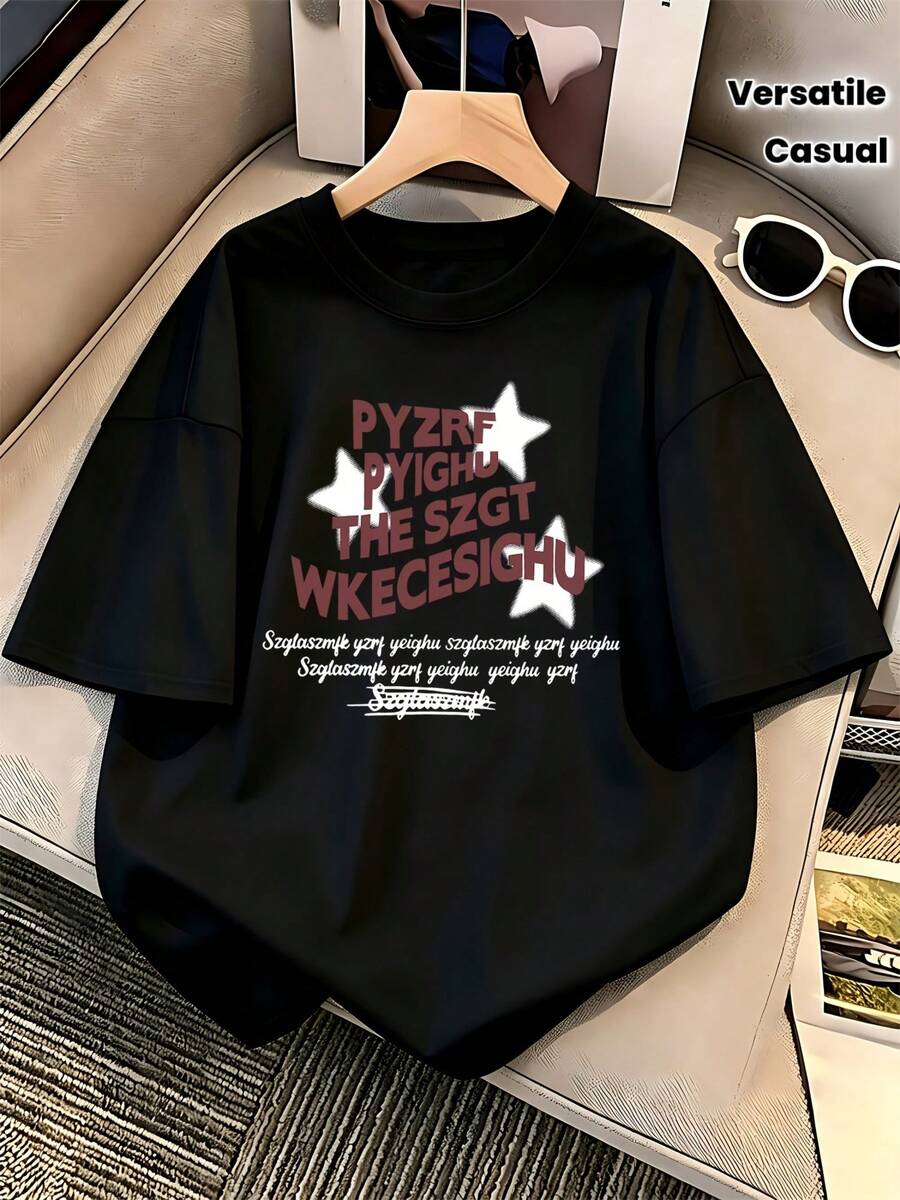 American-Style Star And Letter Print T-Shirt For Women - Black - View 1