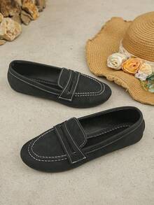 女款極簡休閒圓頭一腳蹬樂福鞋,黑色仿麂皮平底鞋,柔軟舒適日常通勤開車莫卡辛鞋 - 黑色磨砂 - 查看 8