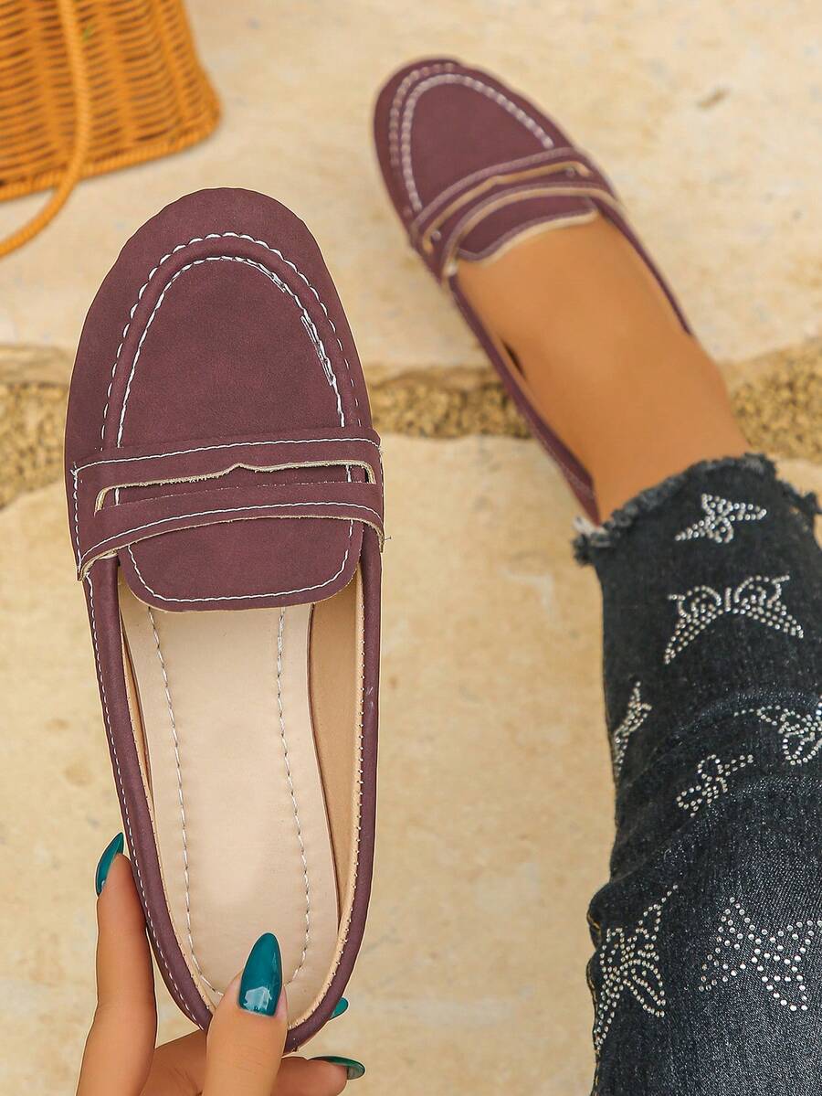 Women's Minimalist Casual Round Toe Slip-On Loafers, Burgundy Faux Suede Flat Shoes, Easy-To-Wear Soft Comfortable Daily Commute Driving Moccasins